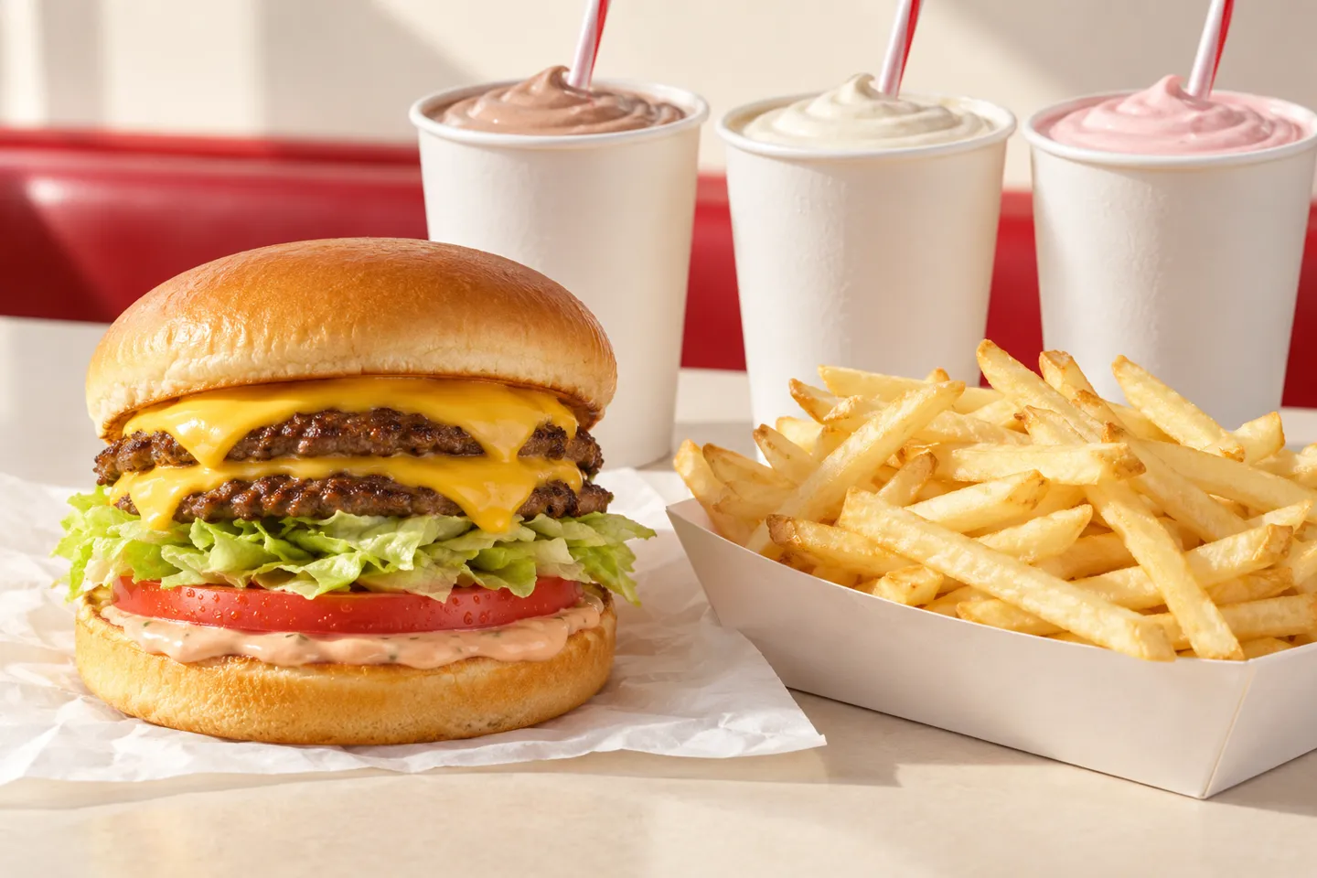 Illustrative double cheeseburger, fries and three milkshake flavors